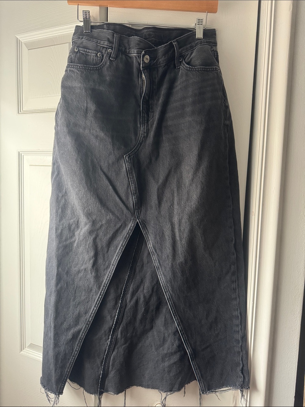 American Eagle Outfitters Washed Black Front-Slit Maxi Denim Skirt